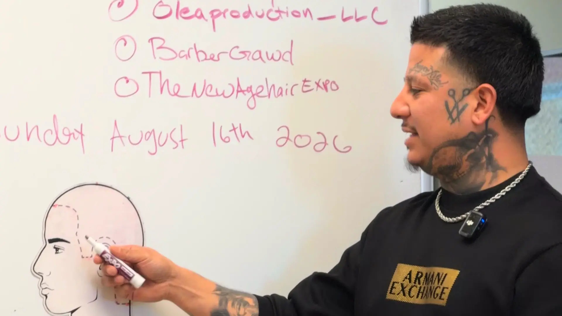 Instructor demonstrating haircut techniques on a whiteboard
