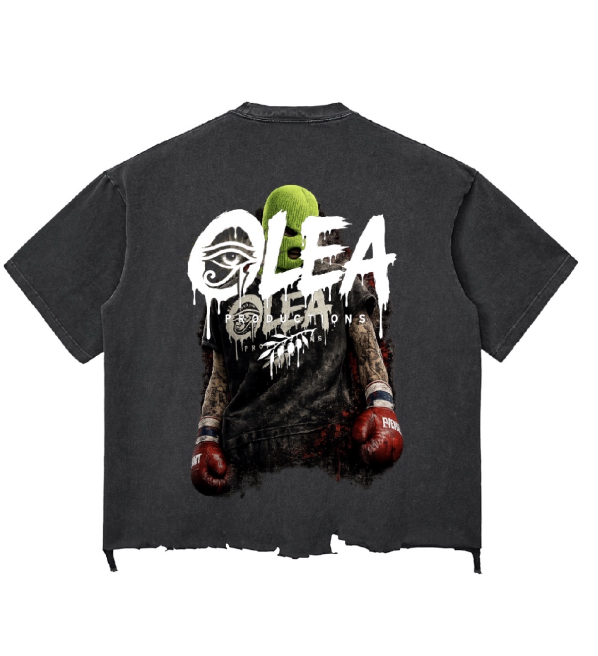 Washed black Olea Productions t-shirt with a boxer graphic on the back