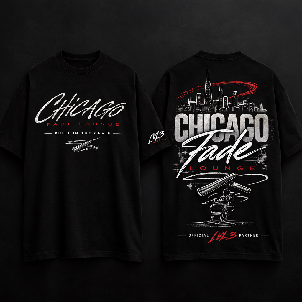 Black Chicago Fade Lounge t-shirt, front and back, with skyline graphic