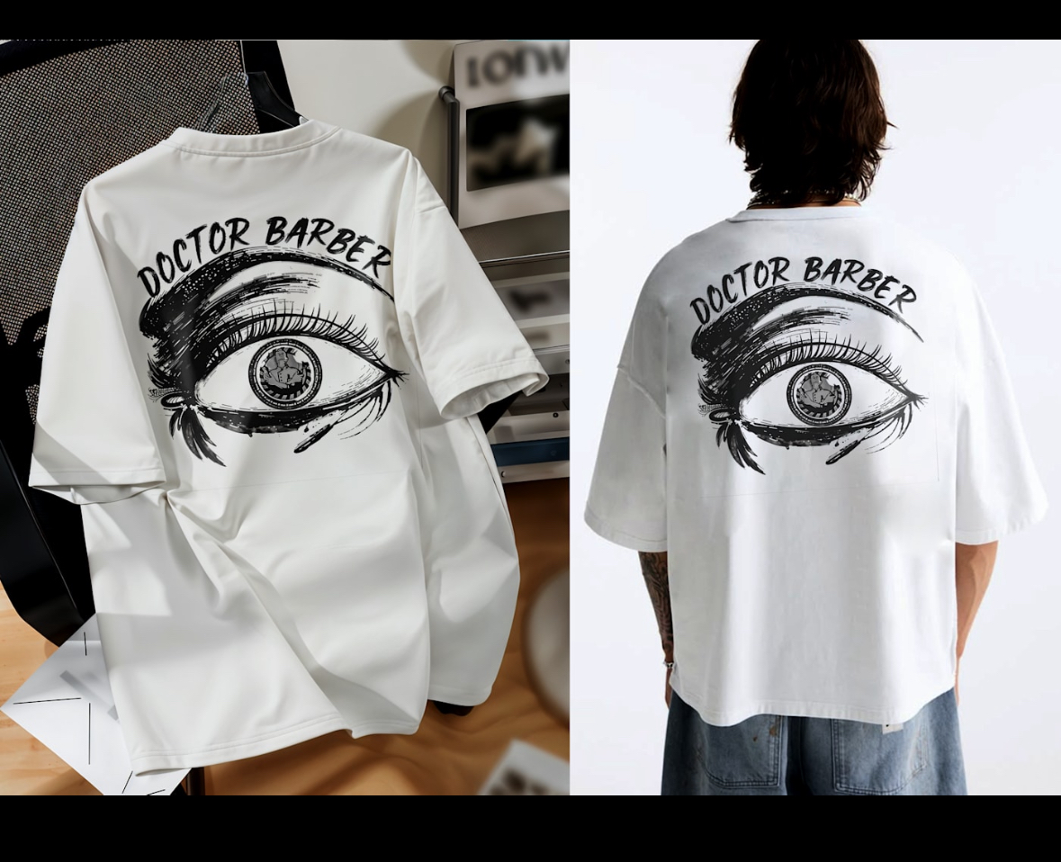White Doctor Barber t-shirt with a large illustrated eye graphic on the back