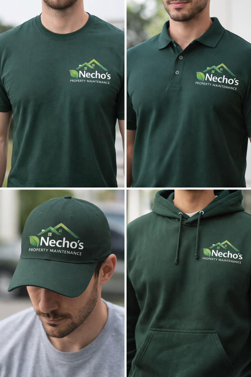 Necho’s Property Maintenance logo on a green t-shirt, polo, cap and hoodie